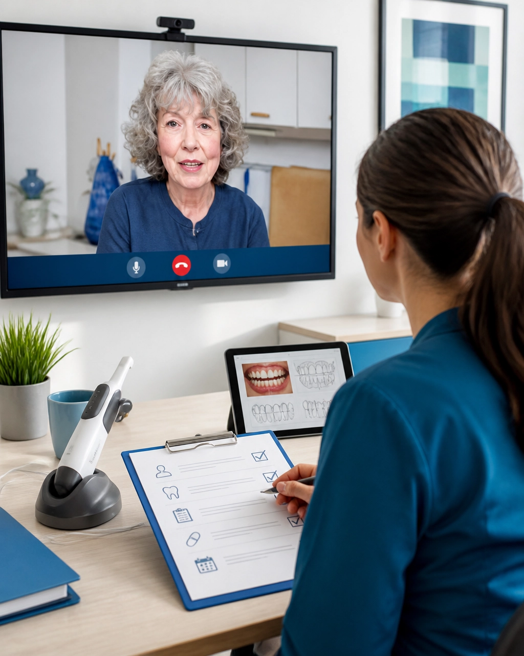 Remote dentist and correctional care-team member reviewing dental triage notes and a referral plan