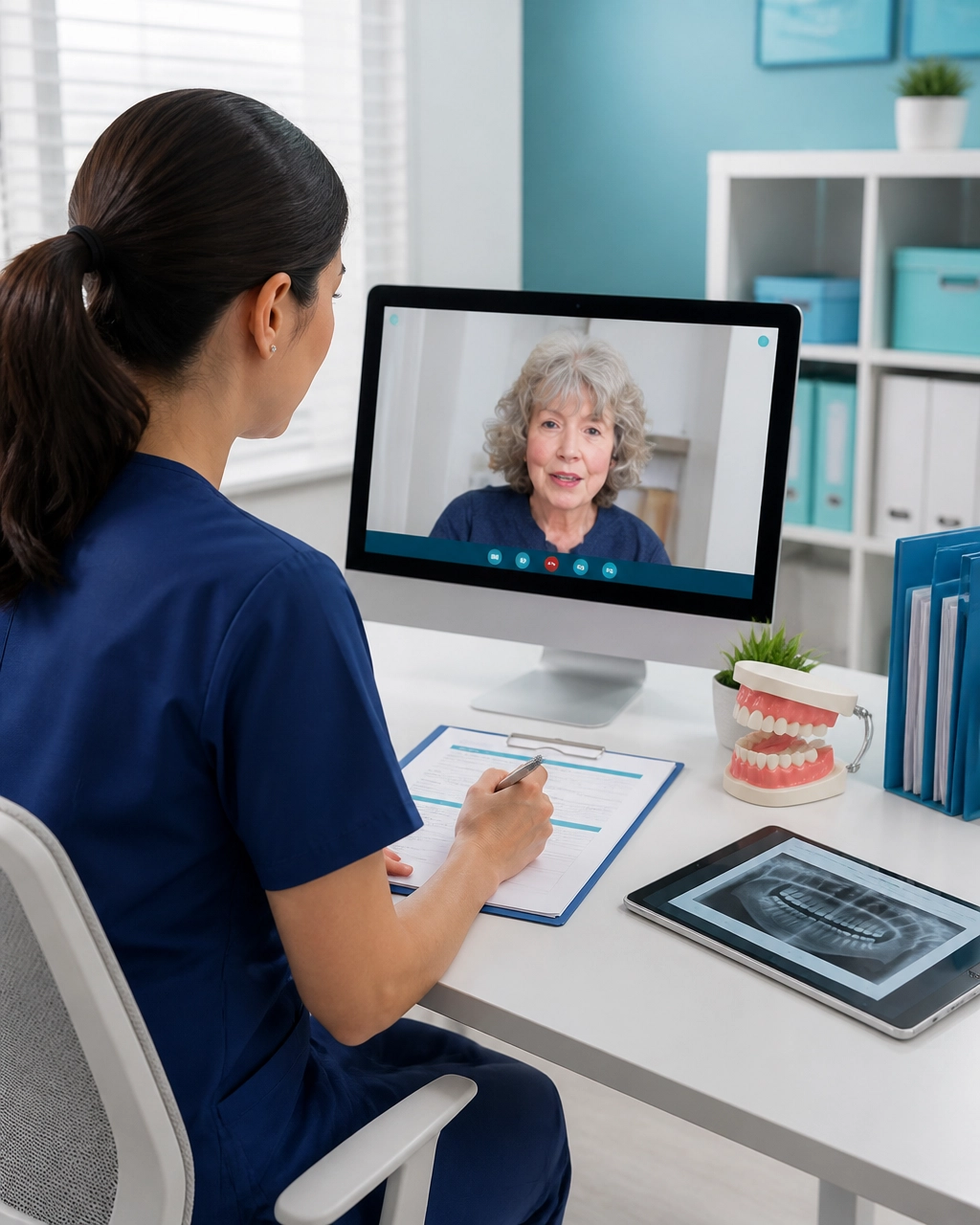 Facility clinician and remote dentist collaborating on a secure dental follow-up and referral plan