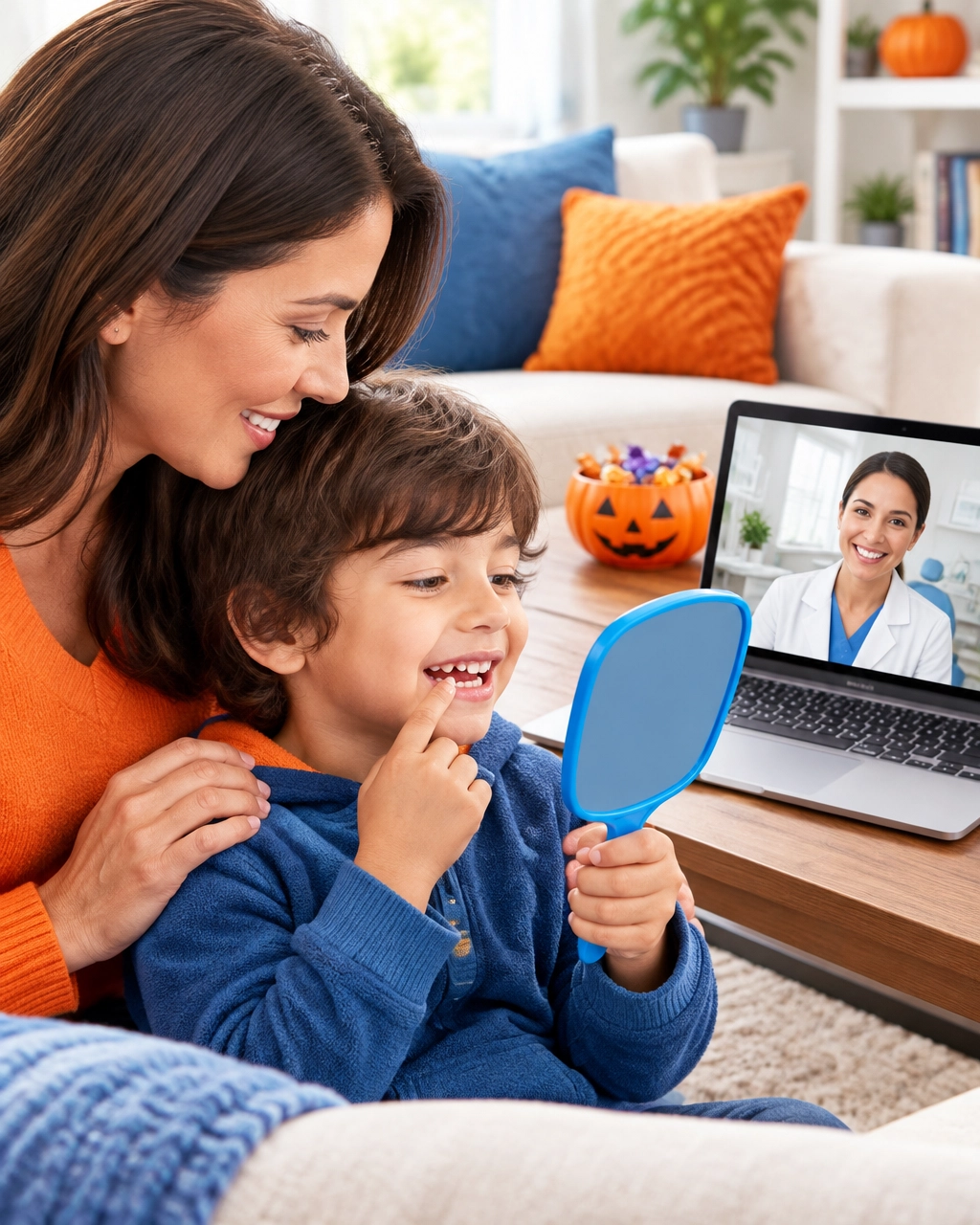 A child and parent checking a tooth at home with a virtual dentist nearby