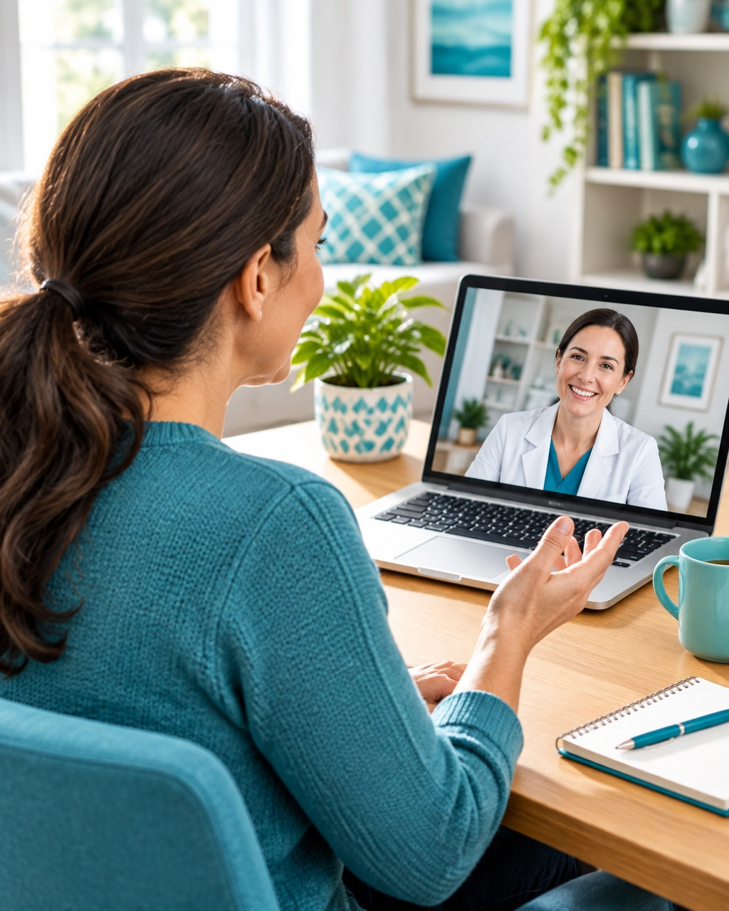 Woman speaking with a dentist by video call from home