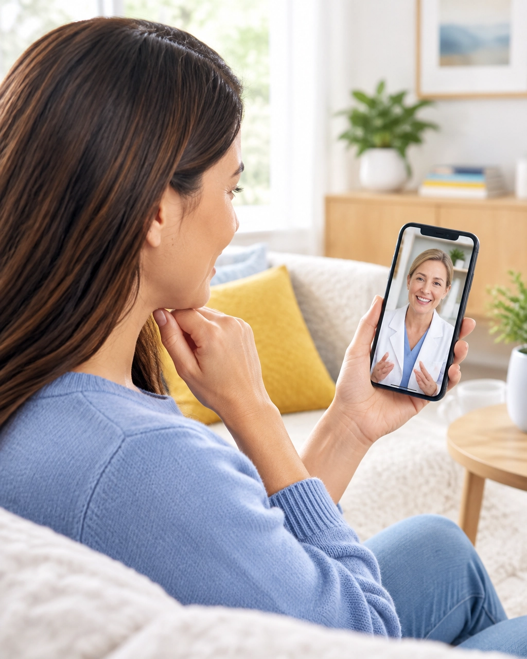 Mujer conversando desde casa con un dentista por videollamada