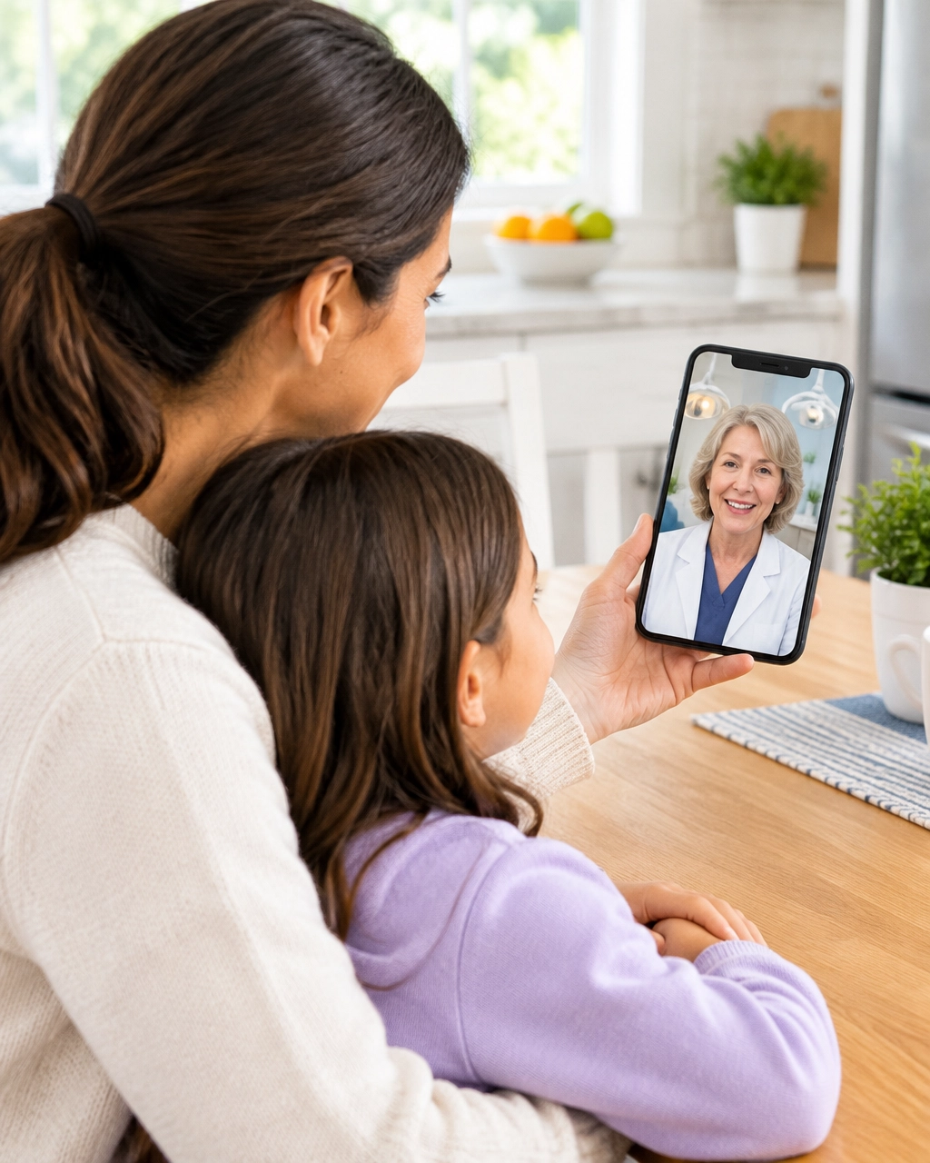 Una madre acompaña a su hijo durante una consulta dental virtual en casa.