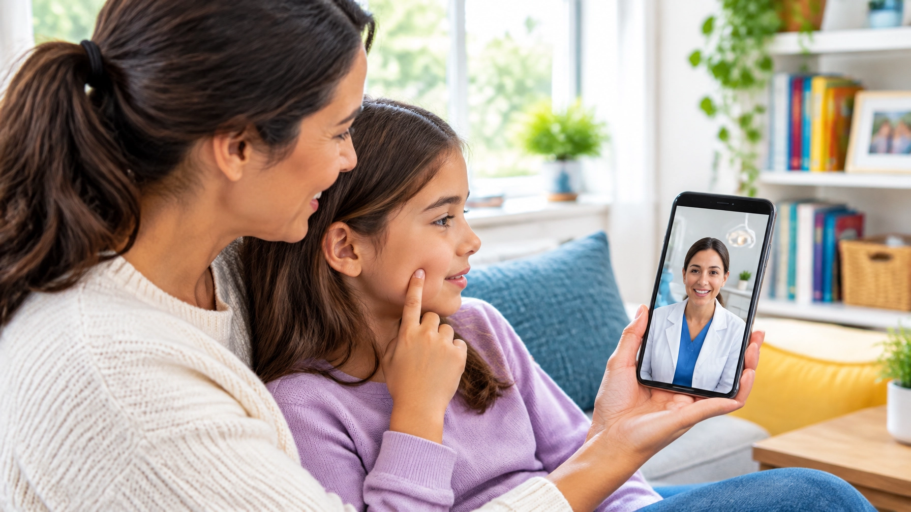 A parent helps a child connect with a dentist on a smartphone during a virtual visit