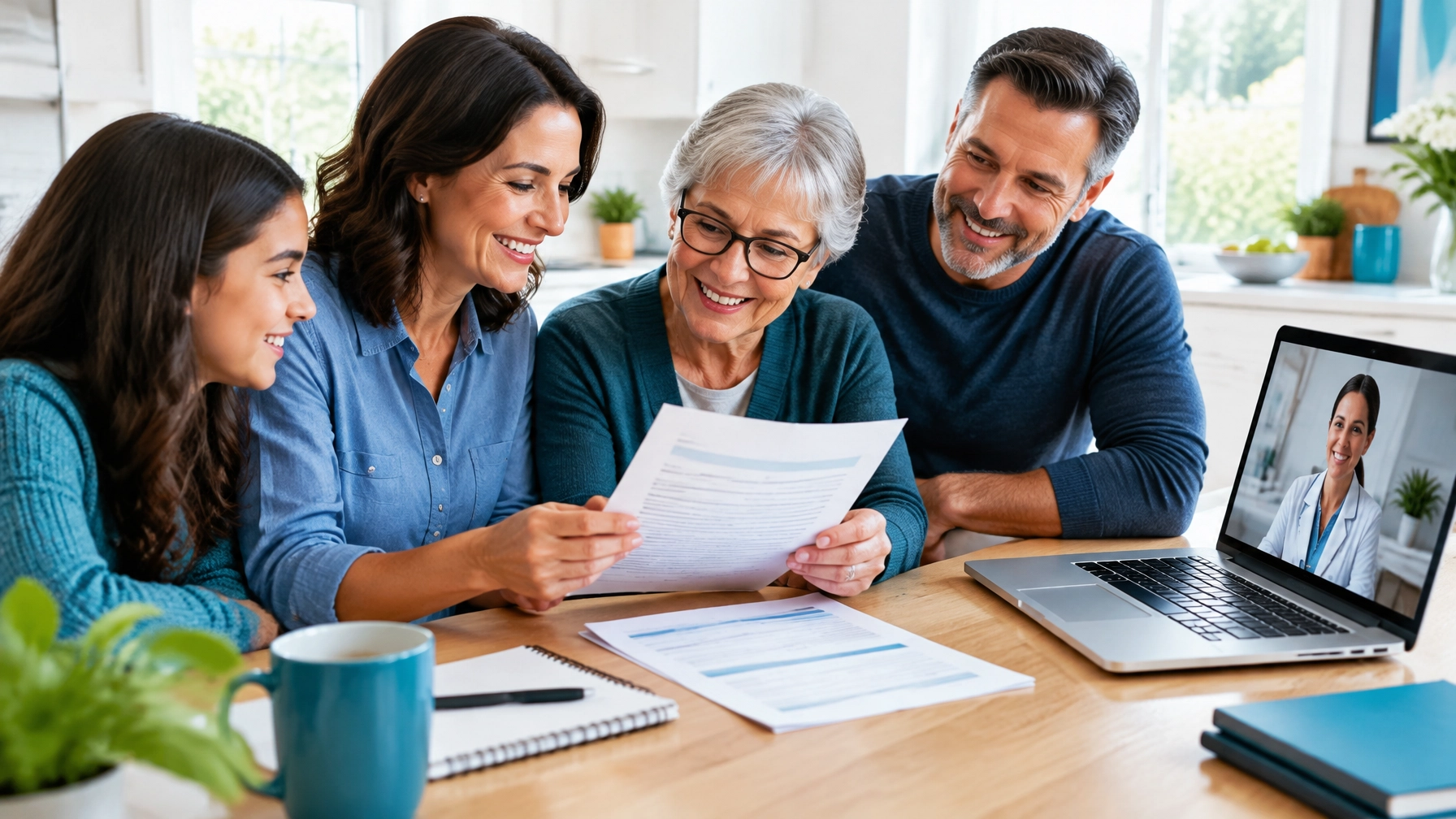 A family reviews dental insurance paperwork beside a laptop at home