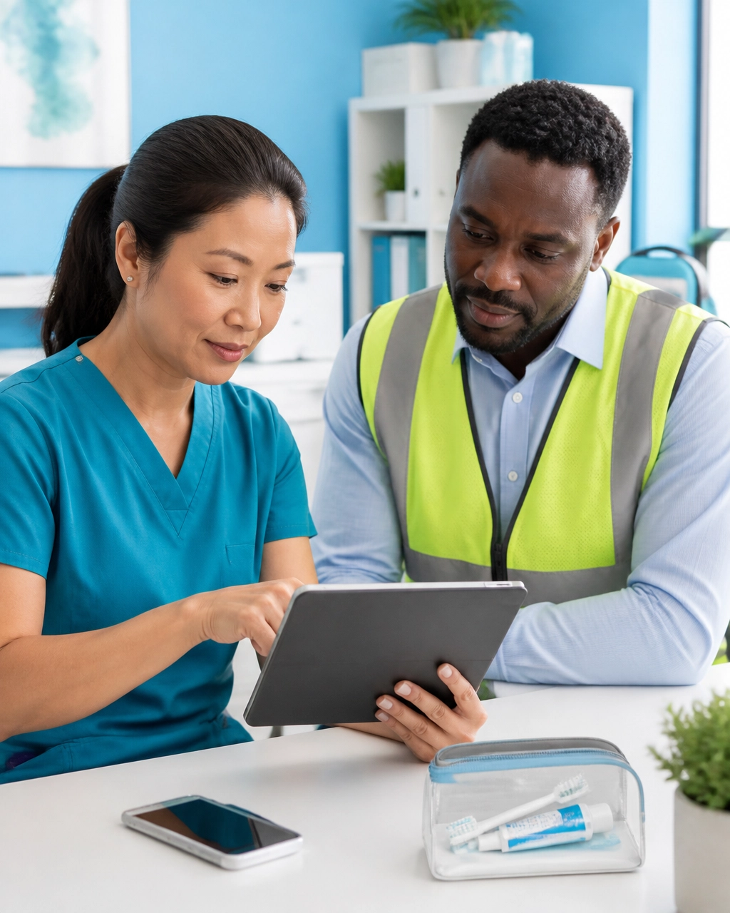 Occupational health coordinator reviewing a dental care response plan on a tablet