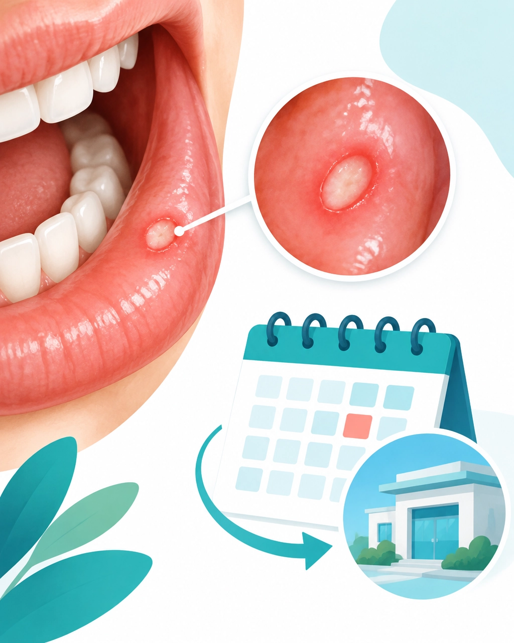 Non-alarming illustration of a mouth sore highlighted for a professional check