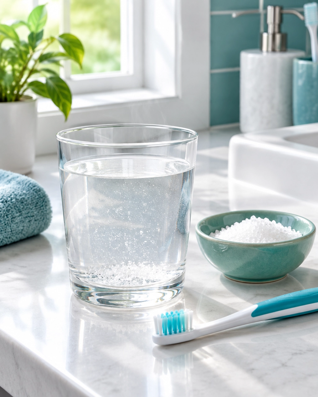 Salt-water rinse setup with a glass of water and a soft-bristled toothbrush