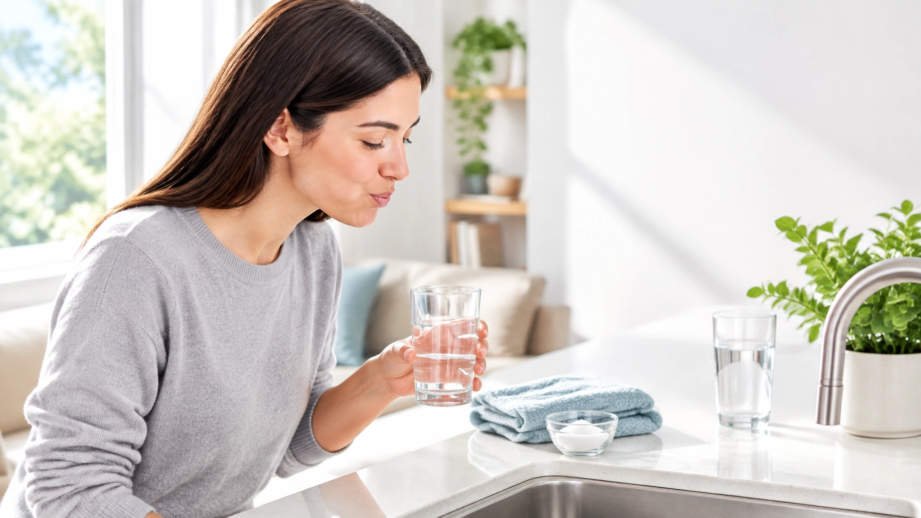 A person rinsing with warm salt water at home