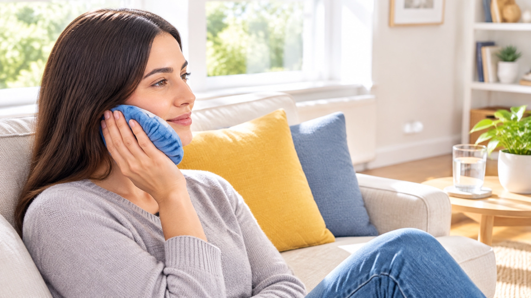 A person at home using a wrapped cold pack on the outside of their jaw