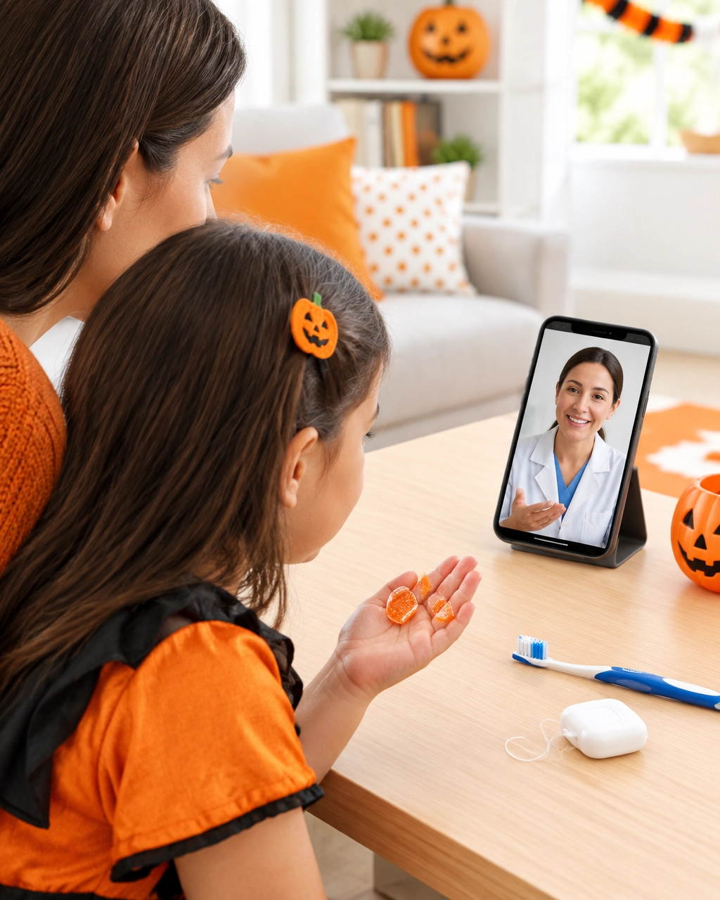 Parent and child reviewing a candy-related dental concern with a virtual dentist