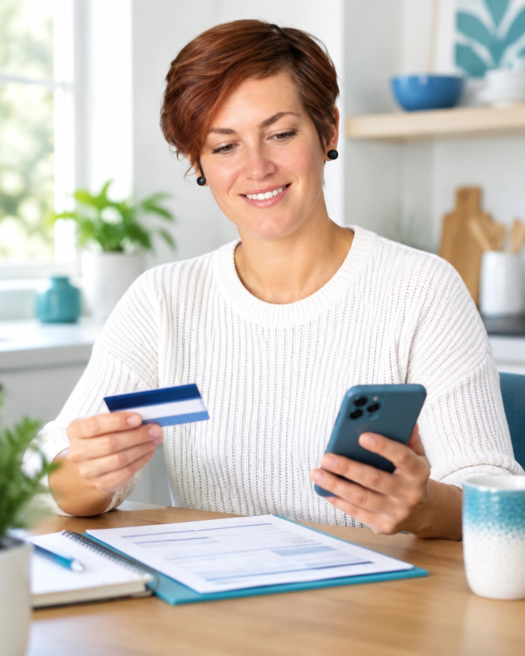 Patient reviewing dental coverage information beside a smartphone at home