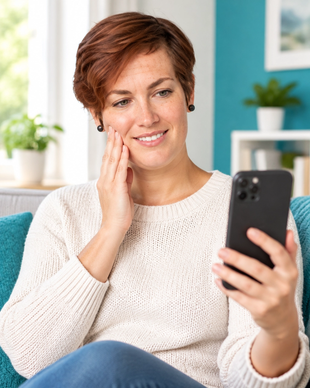 Person at home preparing for a virtual dental consultation while experiencing mild tooth discomfort