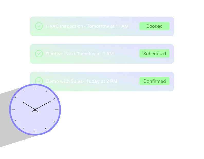 Illustration of a hand holding a clock showing 10:10 with three appointment notifications: HVAC Inspection tomorrow at 11 AM booked, Dentist next Tuesday at 9 AM scheduled, and Demo with Sales today at 2 PM confirmed.