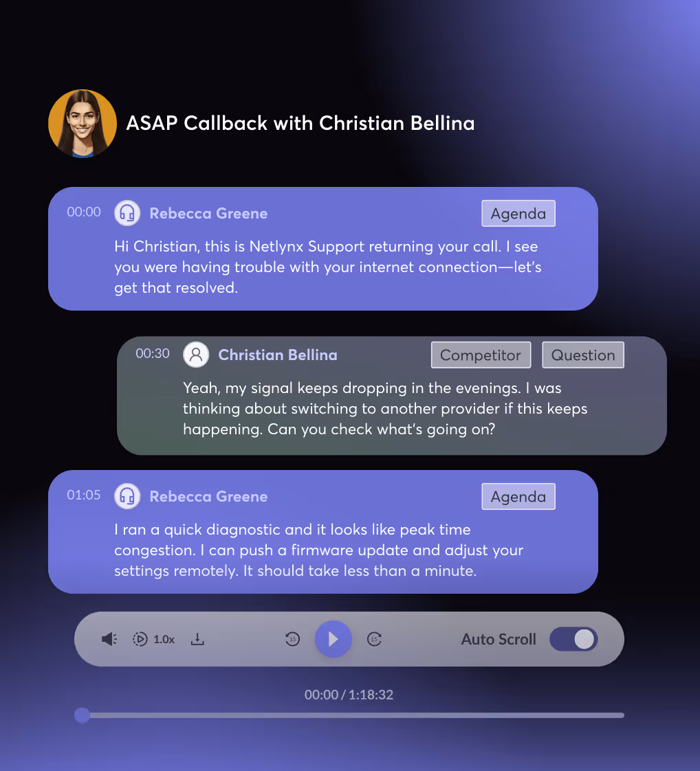 Audio transcript interface titled ASAP Callback with Christian Bellina showing a conversation between Rebecca Greene and Christian Bellina about internet connection issues, with playback controls and a progress bar at the bottom.