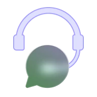 Icon of a green chat bubble with a pair of light blue headphones over it.