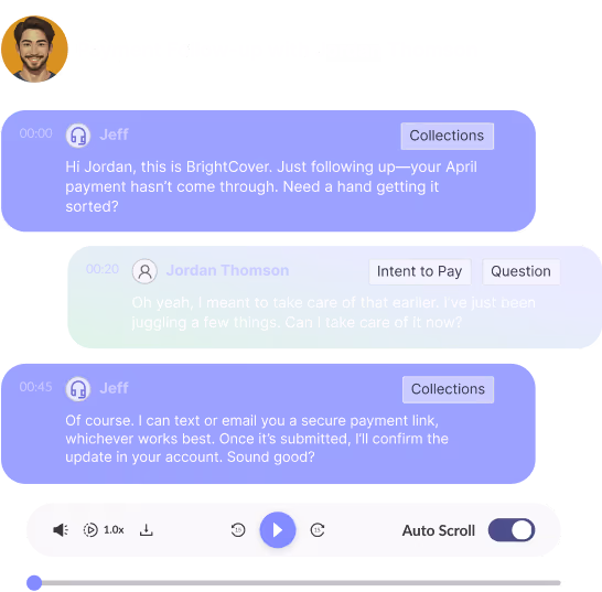 Conversation transcript with user Jordan and Jeff of BrightCover discussing a late April payment and arranging a secure payment link.