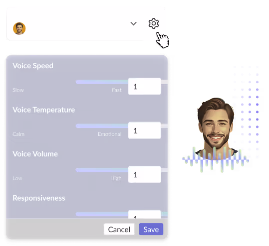 User interface showing voice settings with sliders for speed, temperature, volume, and responsiveness, accompanied by a smiling man's avatar and sound wave graphics.