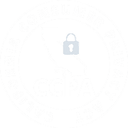 Circular badge with California state outline, a padlock icon, and the text CCPA surrounded by 'California Consumer Privacy Act'.