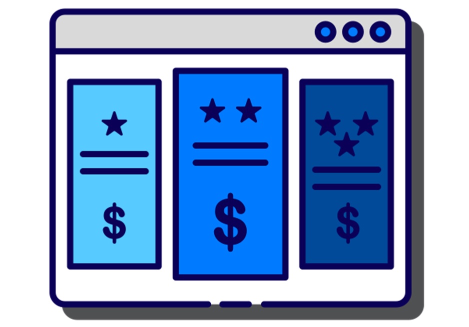 Illustration of a tiered pricing table with three columns, each with stars and dollar signs.