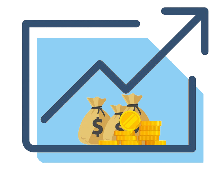 Line graph with upward trend, money bags, and coins symbolizing financial growth and investment success.