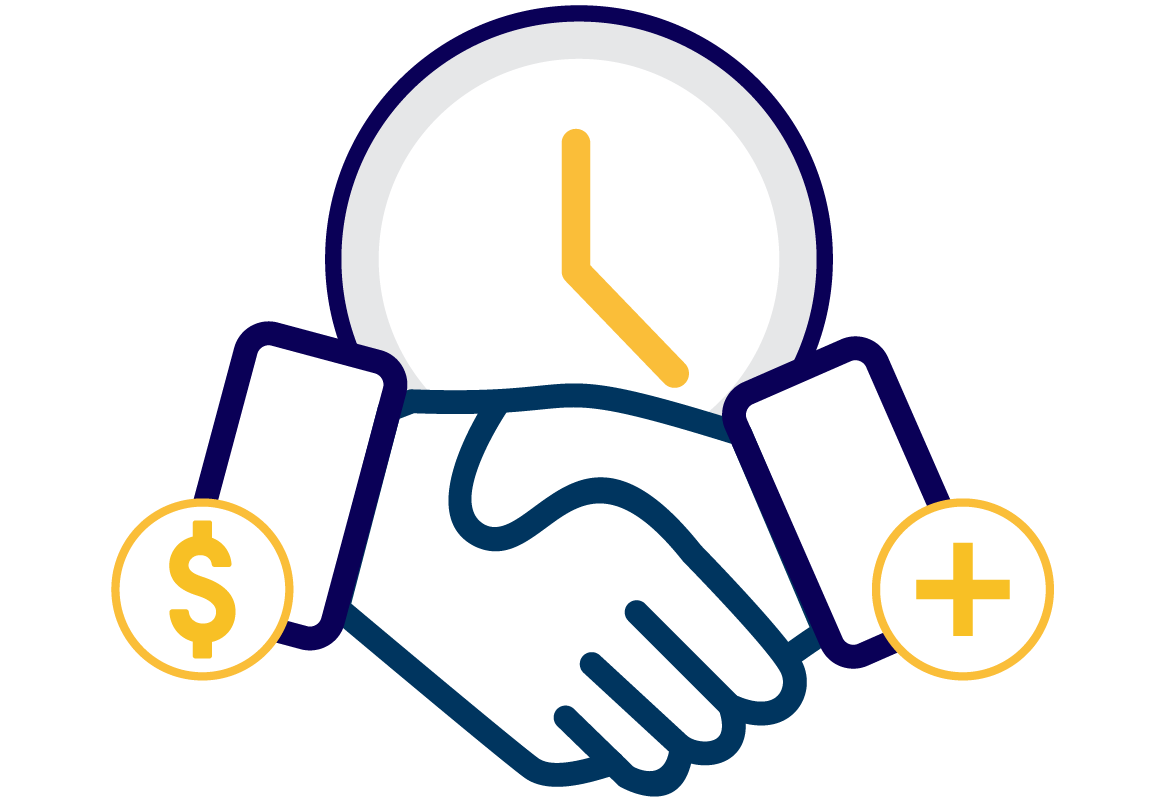 Handshake with clock and currency symbols, representing time management and financial agreements.