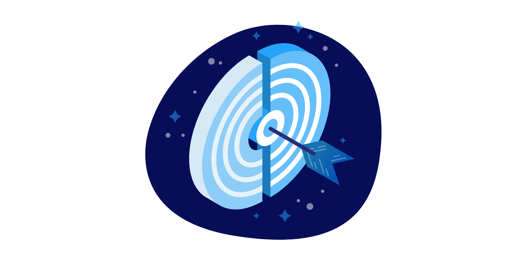 Blue arrow hitting a circular target in space, symbolizing precision and success.