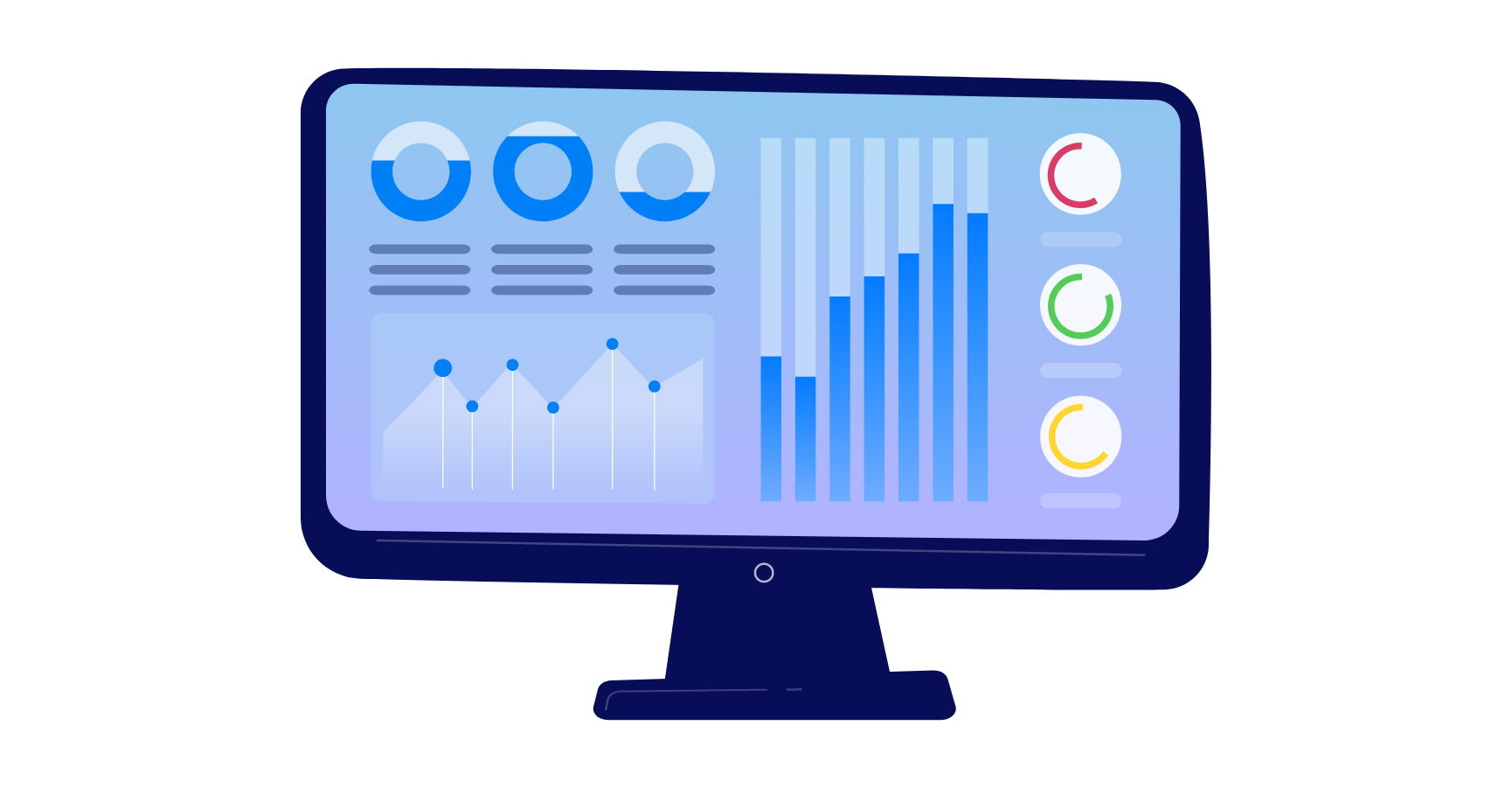 Computer screen displaying colorful data charts and graphs for business analytics and performance tracking.