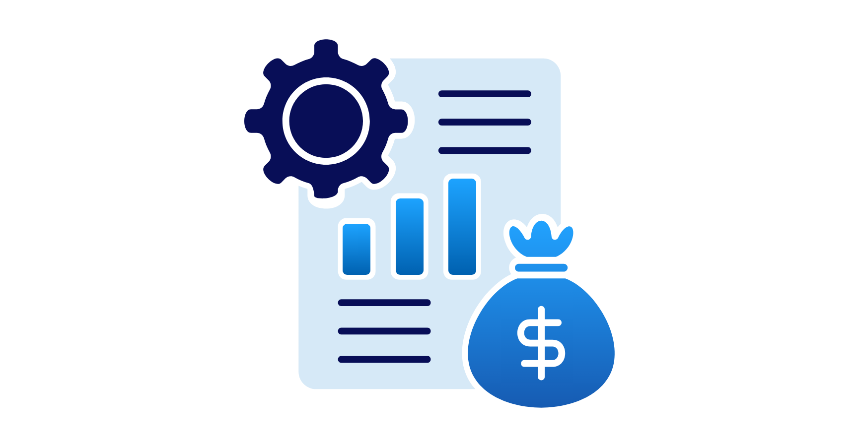 Graph with gear, bar chart, and money bag.