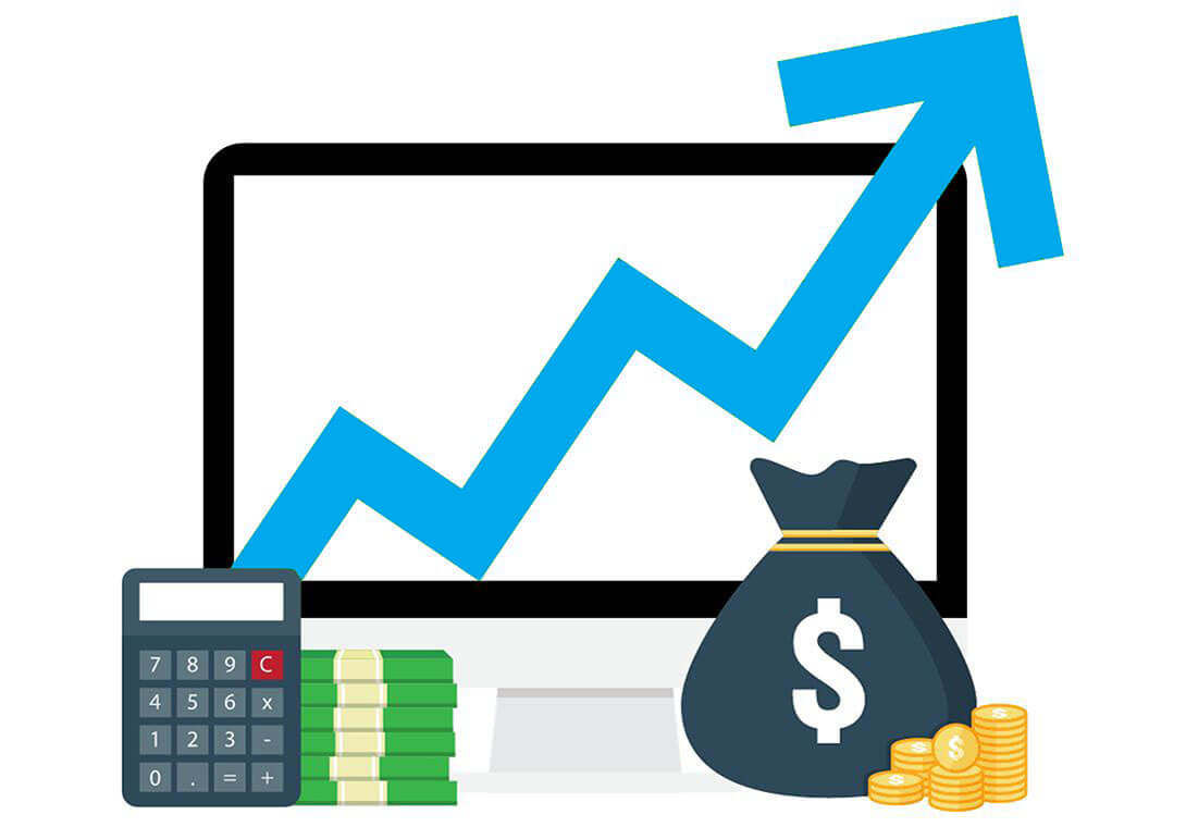 Computer with rising graph, calculator, cash, coin, and money bag.