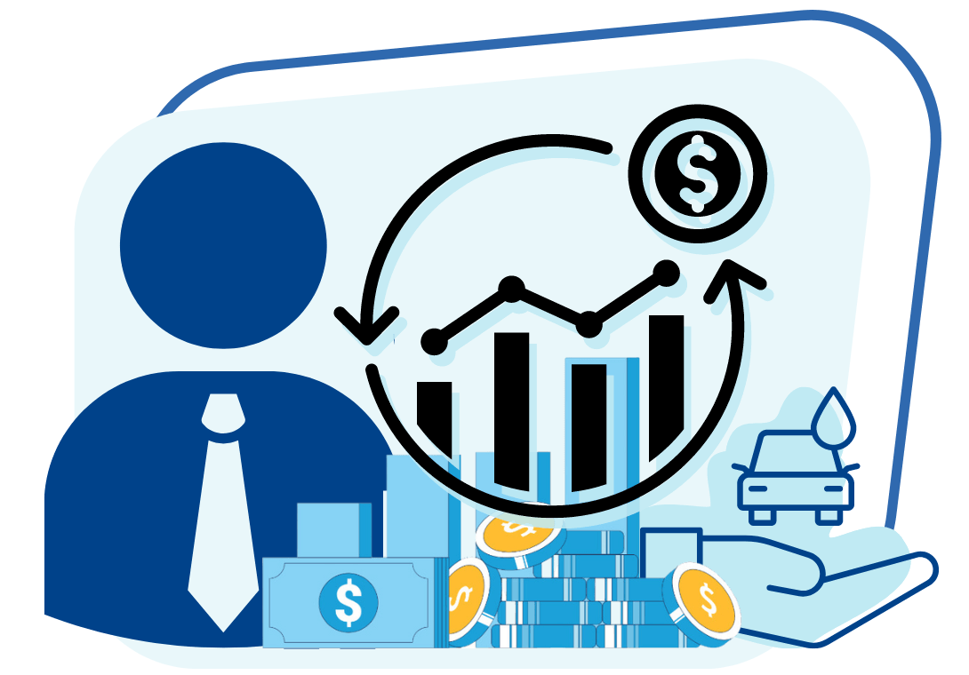Illustration of financial growth with graphs, dollar symbols, coins, and a person in a suit.