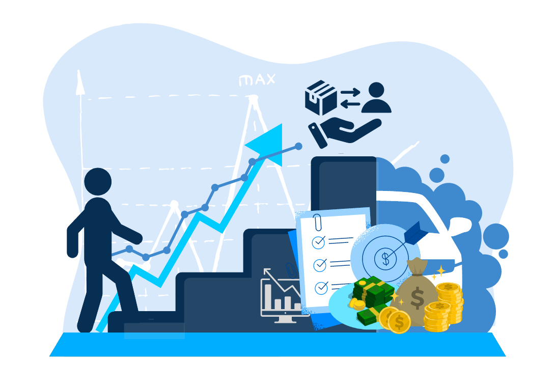 Business growth illustration with graph, checklist, money, and person climbing stairs, symbolizing financial success.