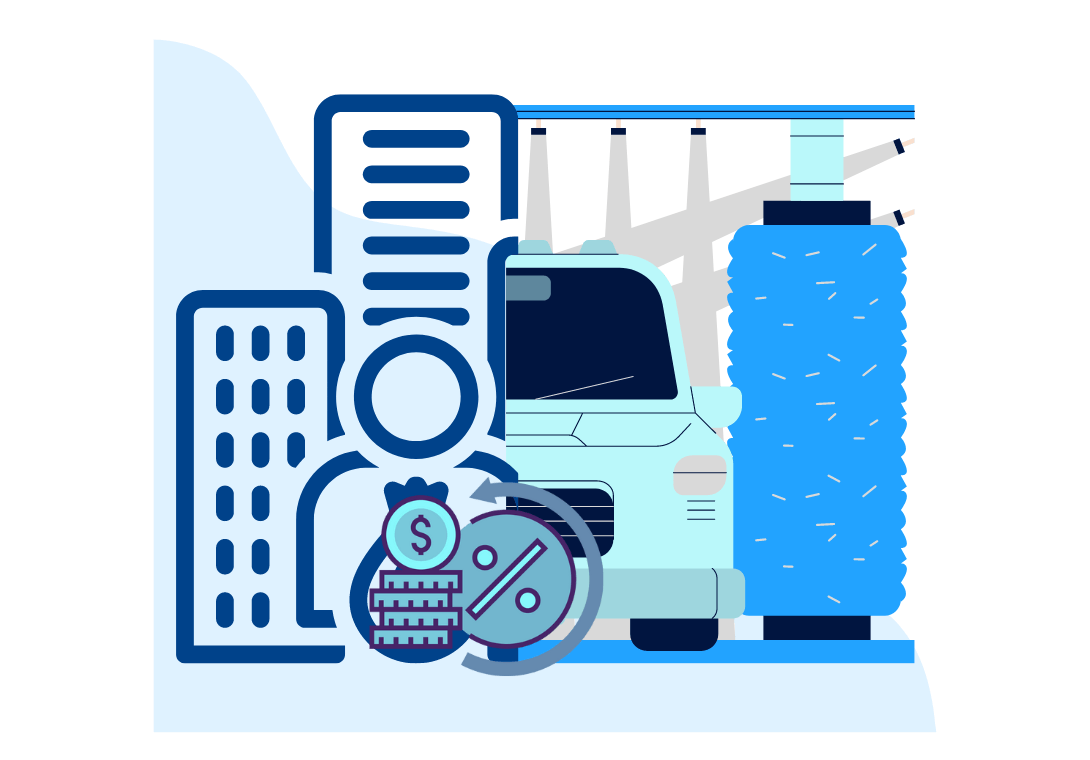 Illustration of a car wash service with coins, percentages, and buildings representing financial and urban elements.