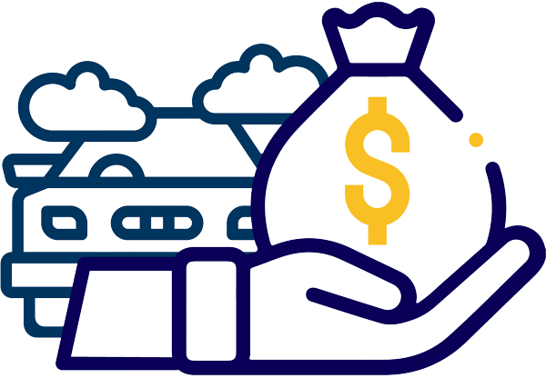 Hand holding a money bag with a dollar sign, in front of a house and clouds.