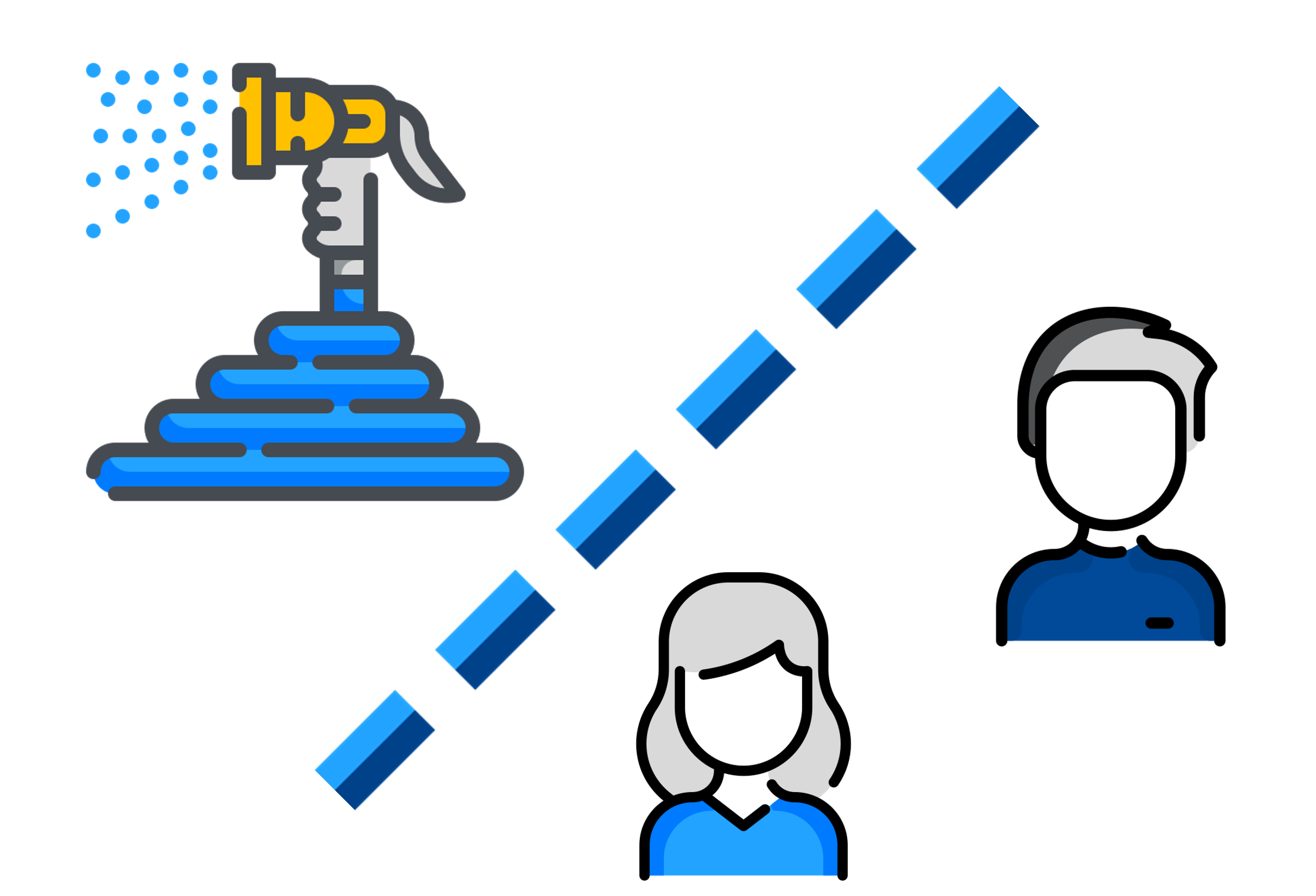 Illustration of a water hose spraying, separated by a diagonal line from two generic human icons.