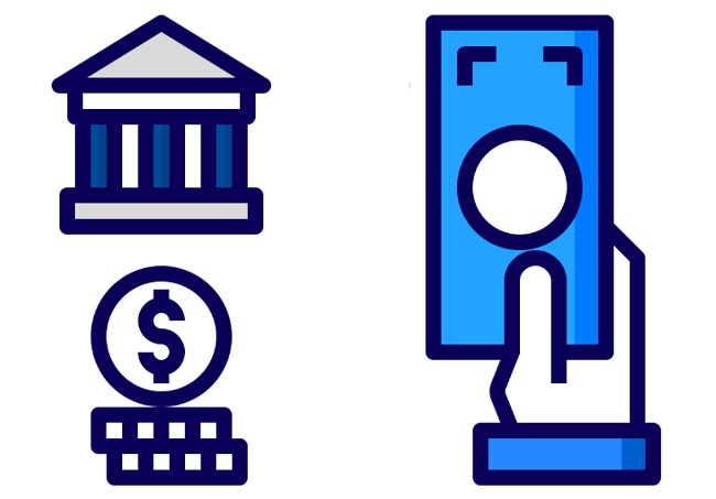 Bank building, dollar coin, and hand holding money icon, representing financial transactions and banking.