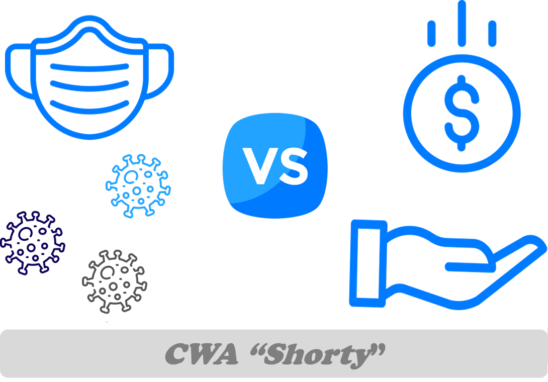 Face mask versus financial cost concept with virus icons and currency symbol.