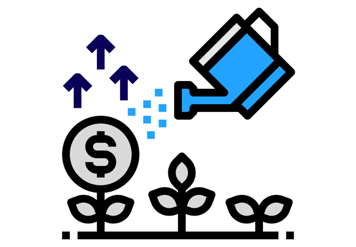 Illustration of a watering can nurturing money and plants, symbolizing investment growth and financial success.