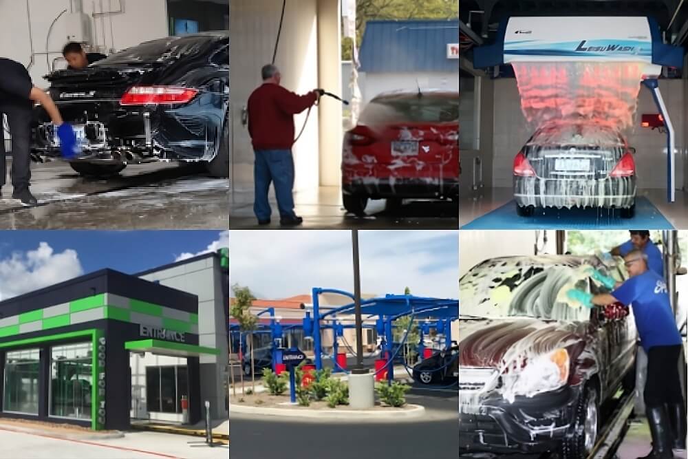 Various car wash scenes showing manual cleaning, automated systems, and exterior views of car wash facilities.
