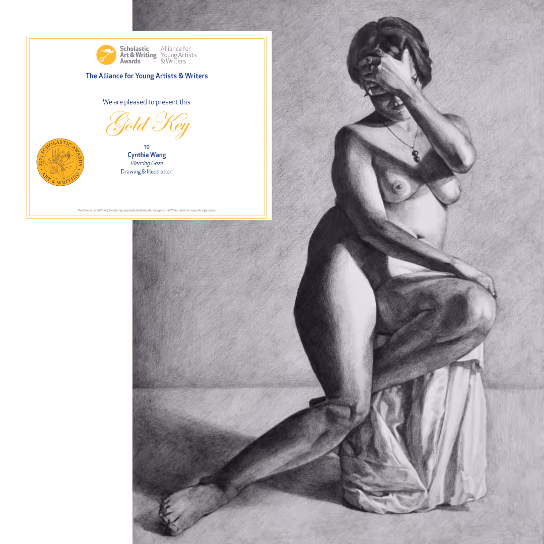 Cynthia W., Portfolio Program graduate, won 8 Scholastic Awards for her art, 7 out of 8 pieces were created in Prima Materia classes and courses, for example, a drawing she created in the Figure Drawing sessions won a Gold Key award.
