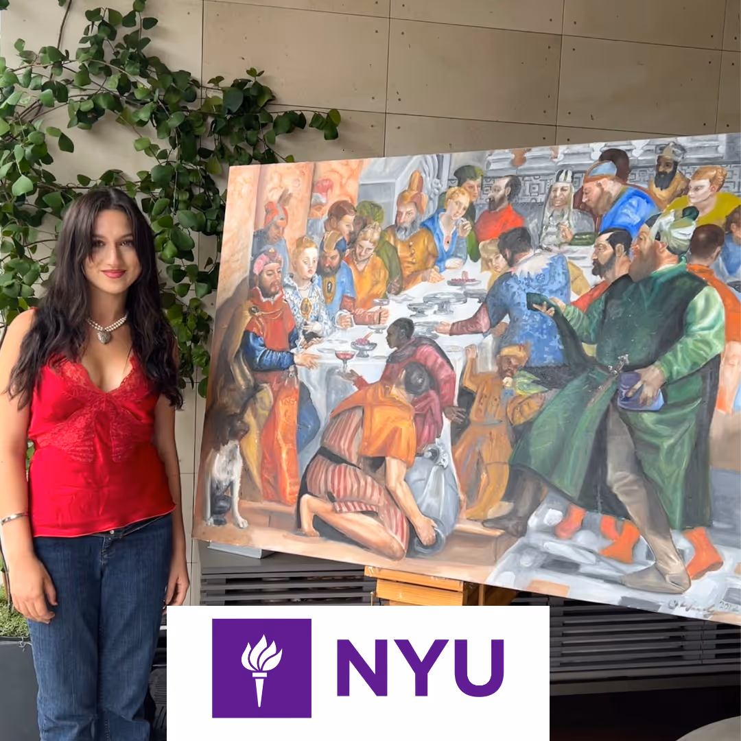 Chloe, Portfolio Program graduate, standing next to her large-scale copy of Veronese's "The Wedding at Cana" painting.