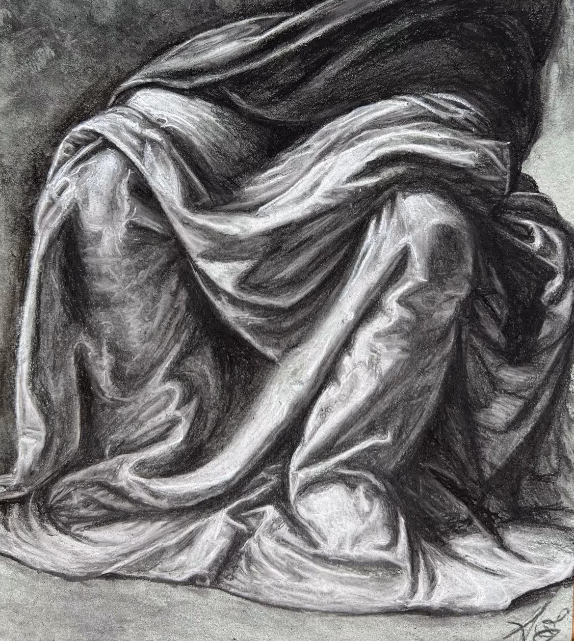 Audrey's copy of Michelangelo's drapery drawing, completed in "Drawing Drapery".