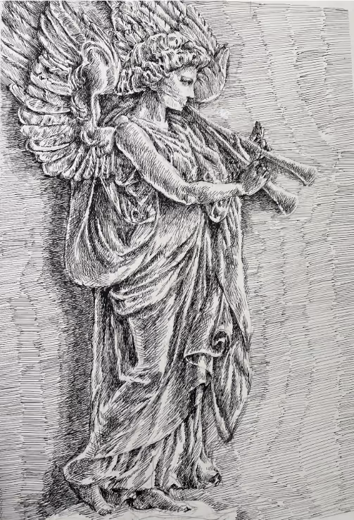 Leanne's pen and ink drawing of an ancient bas relief sculpture depicting an angel playing an instrument.