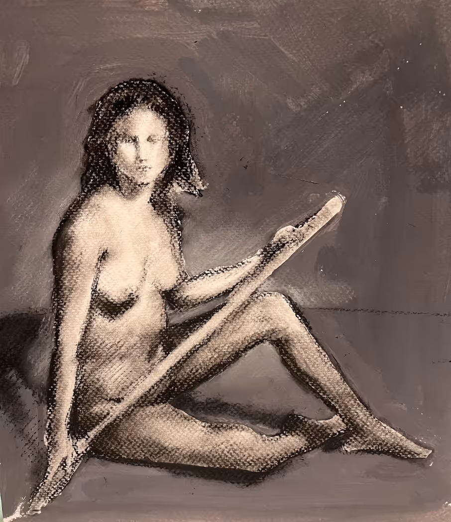 We will create gestural poses by means of negative shapes, i.e. we will direct our focus to the space that surrounds the figures. We will practice this in our warm-up practice to create multiple studies before we shift to the main project, where we will add charcoal to define the body. We will spend 2 weeks on one drawing, refining it step by step.