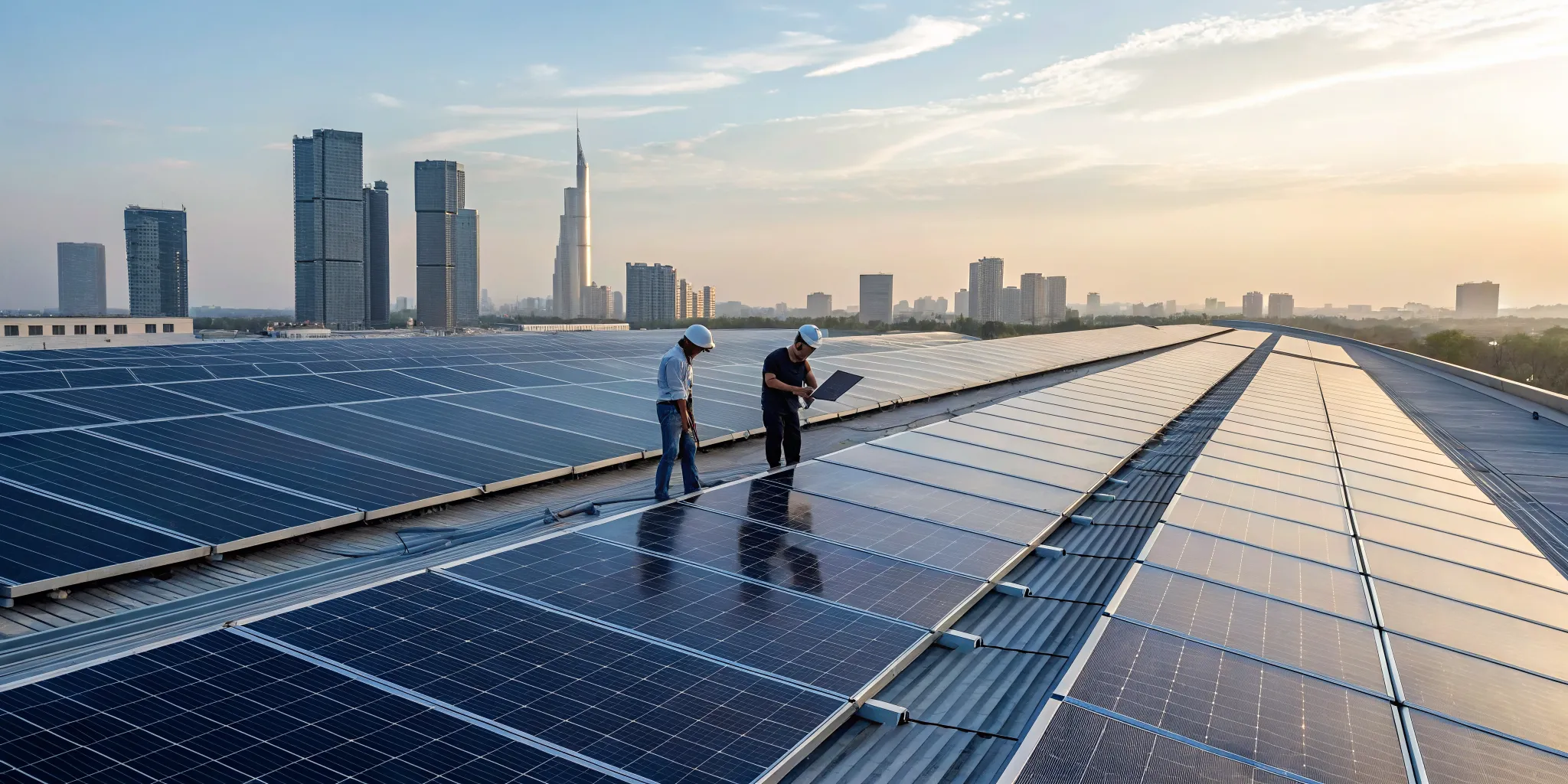 Technicians performing solar system servicing on rooftop panels.