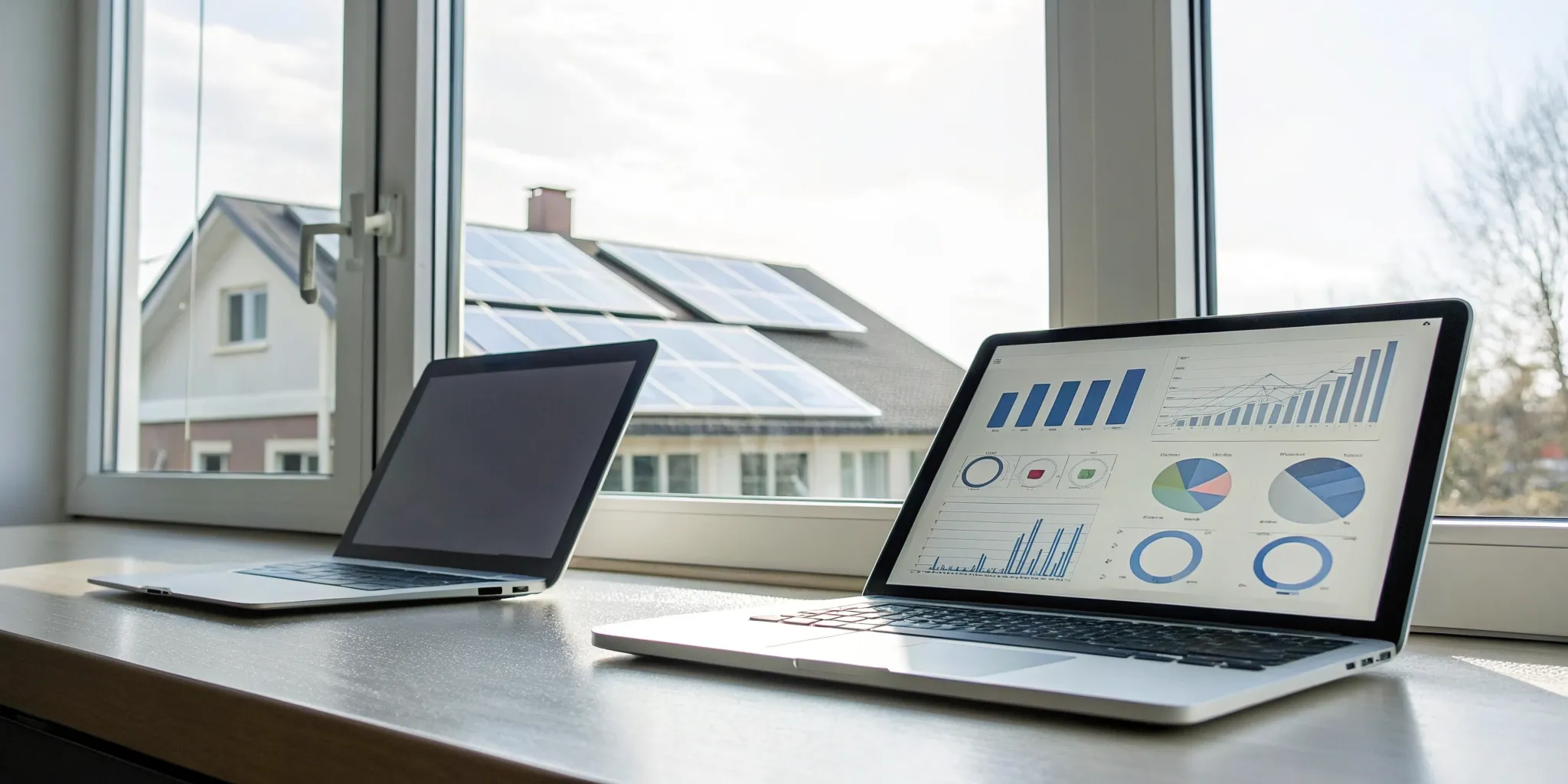 A solar panel installation cost calculator on a laptop, with a home's new solar panels visible outside.