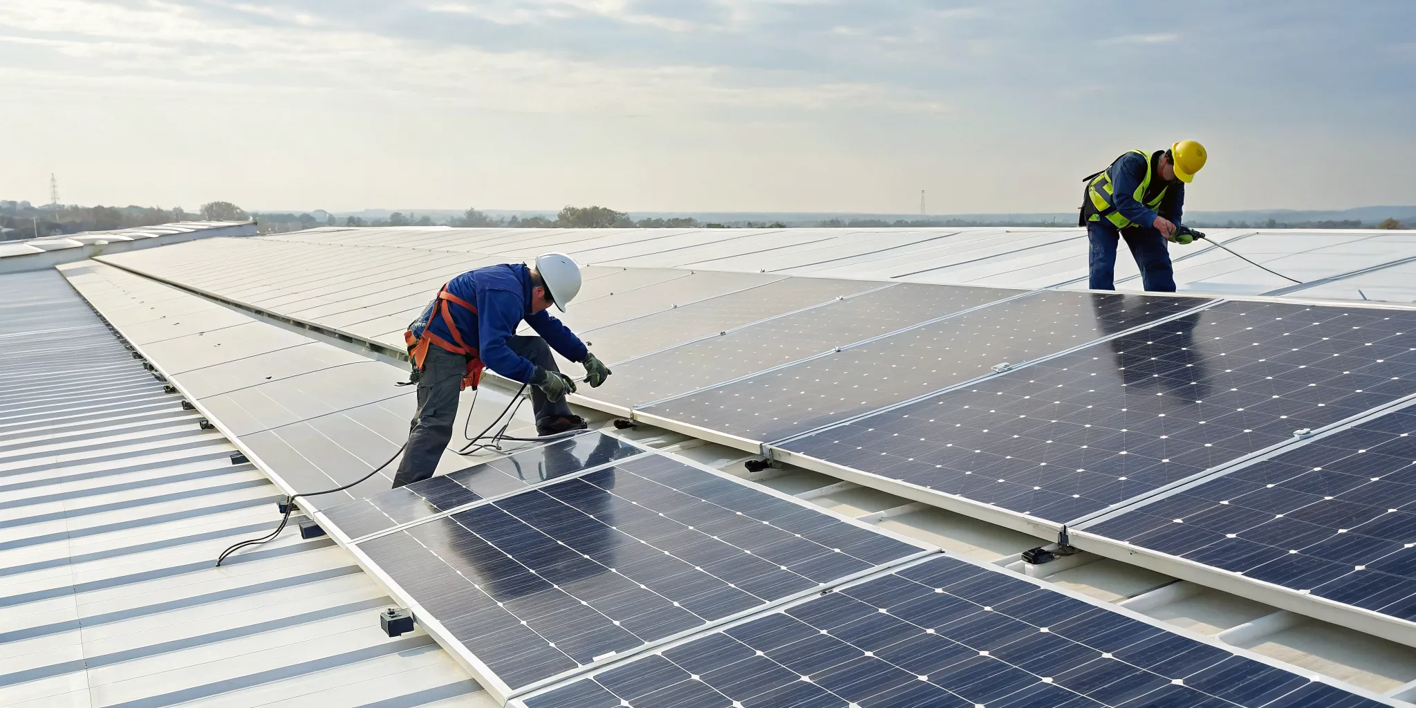 Professional solar panel installation in progress on a rooftop.