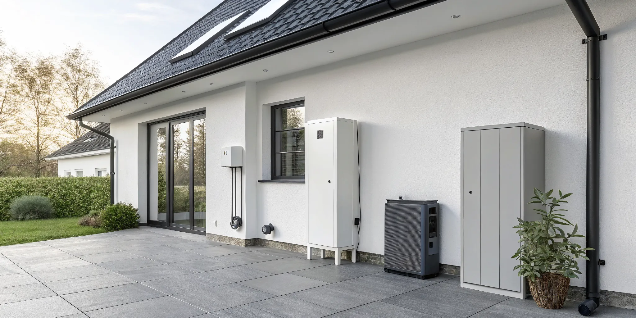 A modern home with a solar panel battery storage system for backup power and energy savings.