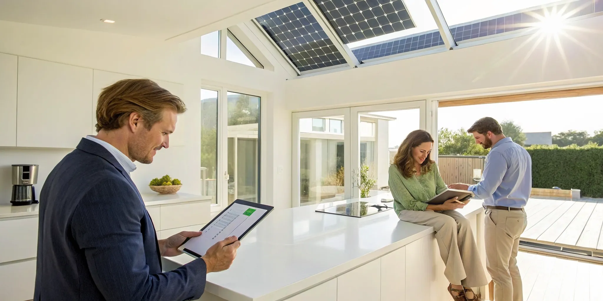 Homeowners reviewing documents to see if they qualify for government assistance for solar panels.