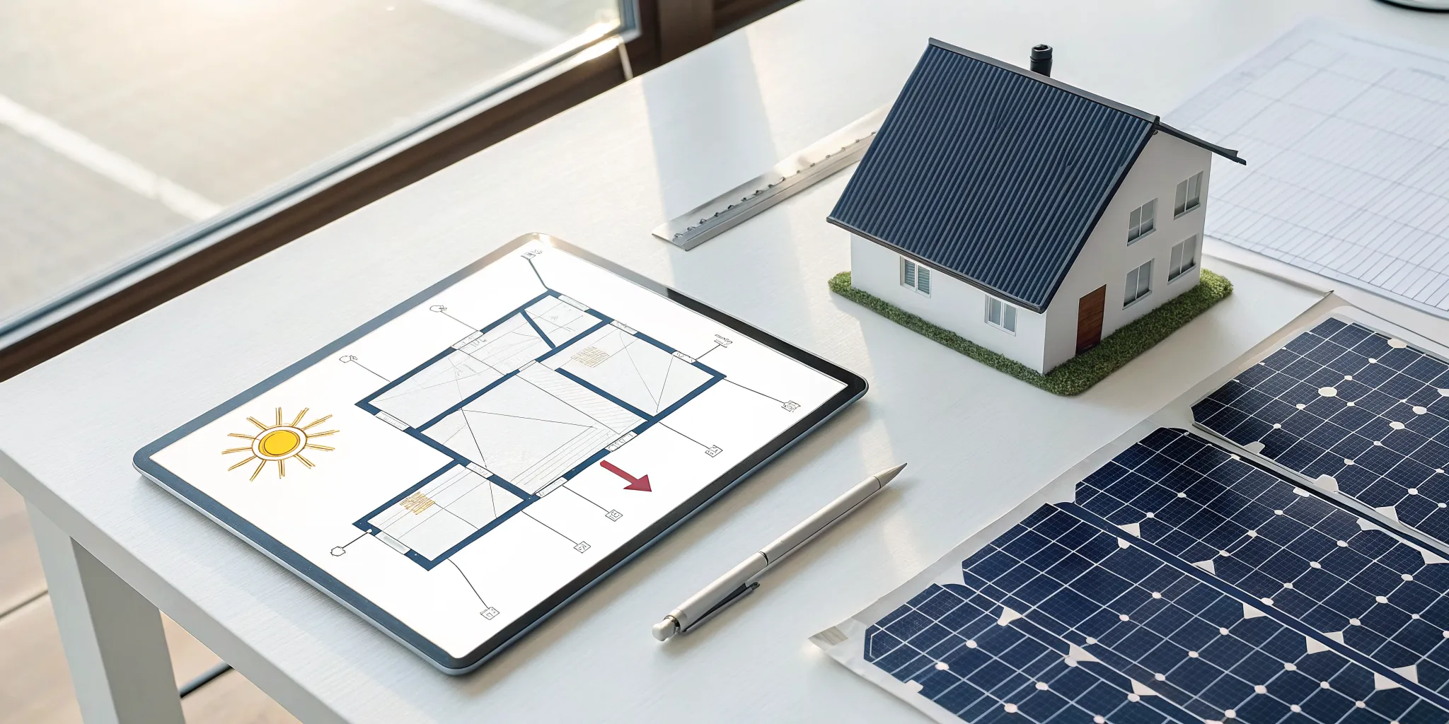 A desk setup for solar system planning with a tablet blueprint, model house, and solar panels.