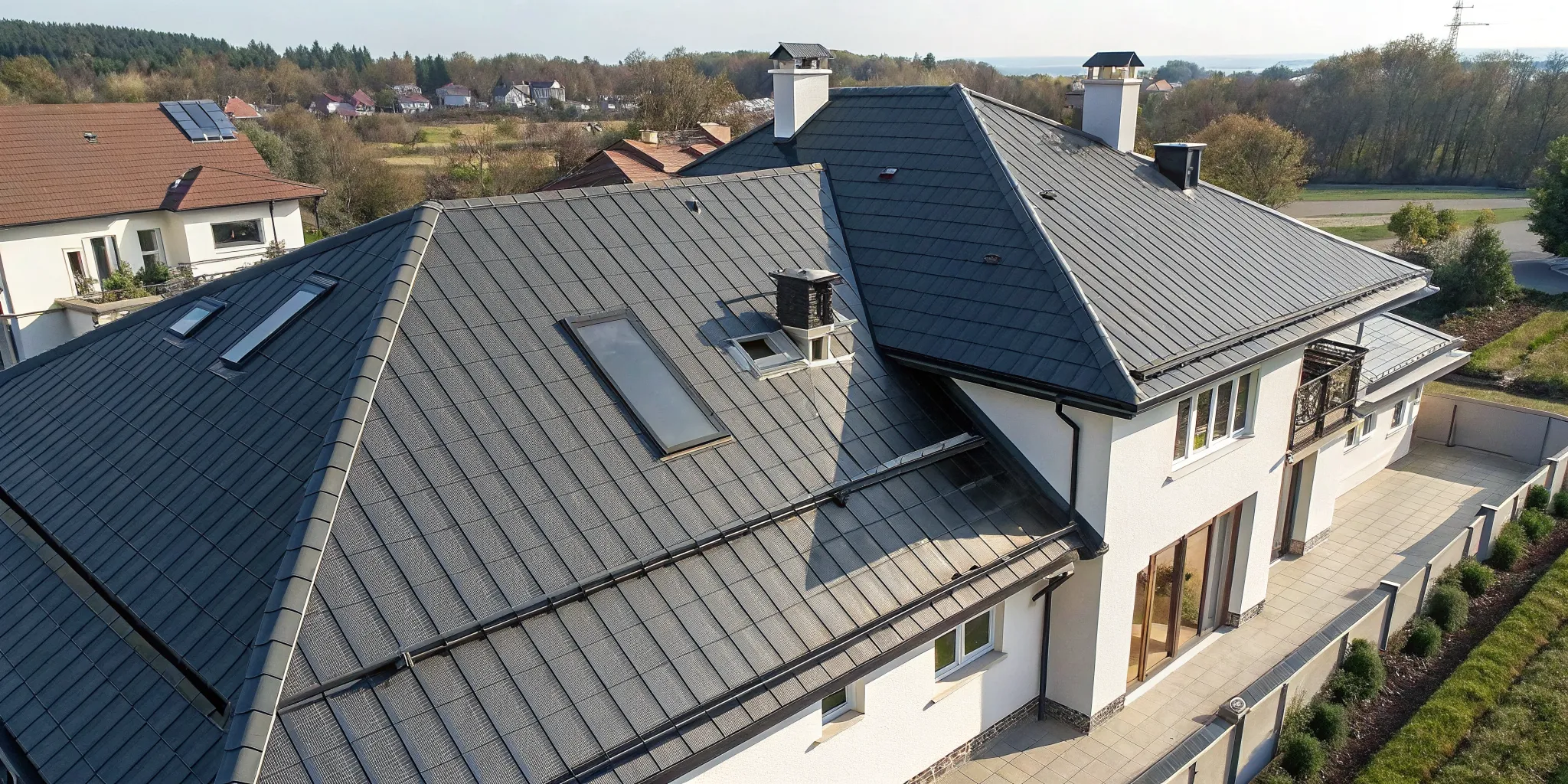 Modern home with dark tile roofing suitable for solar panels.